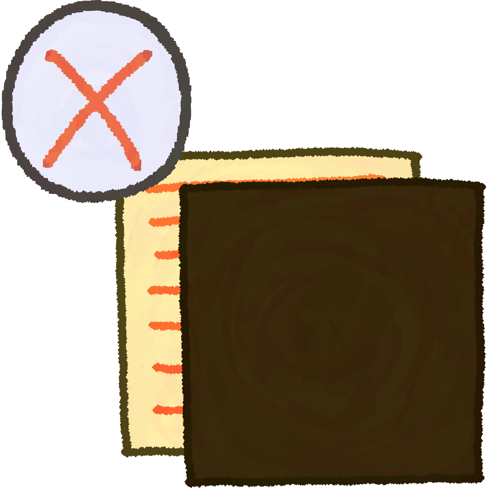 A piece of paper with lines of writing on it, mostly obscured by a big dark rectangle. There is a white circle with a red X in it. 